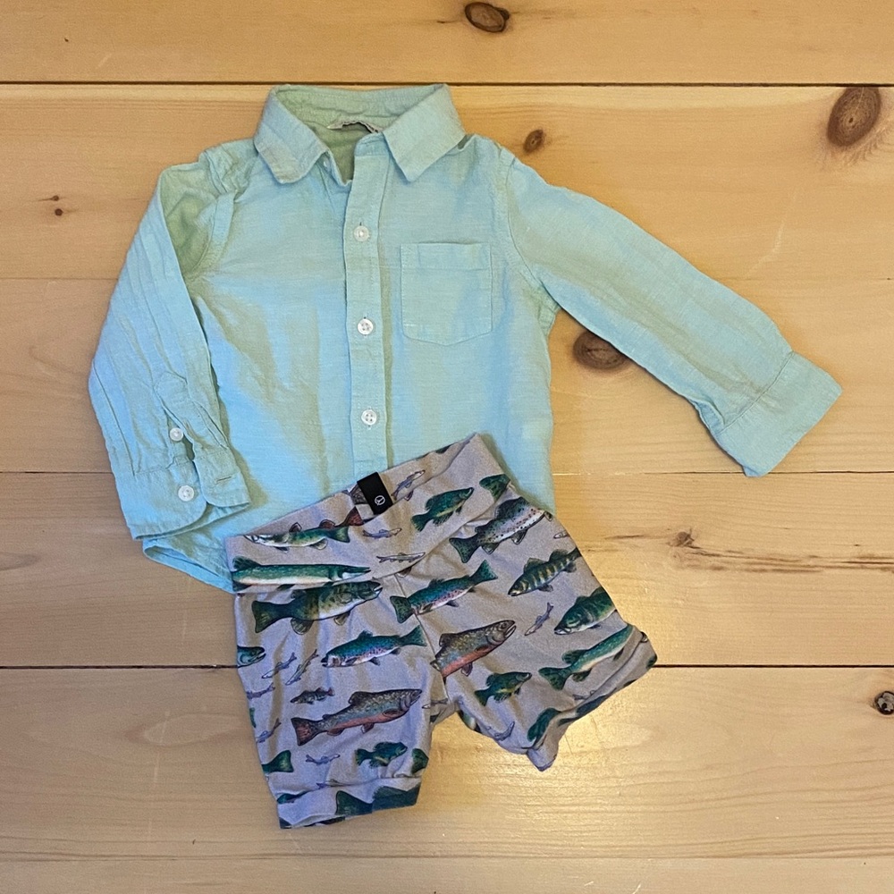 Janie and Jack Light Green Shirt and Fish Print shorts set size 6-12 months